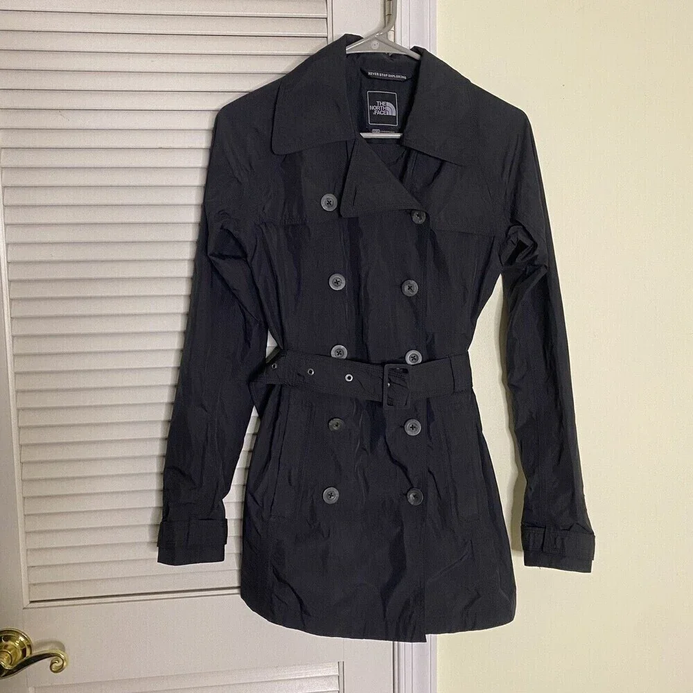 THE NORTH FACE CITY RAIN TRENCH Coat JACKET Belted WOMENs XS Black Nylon No Hood